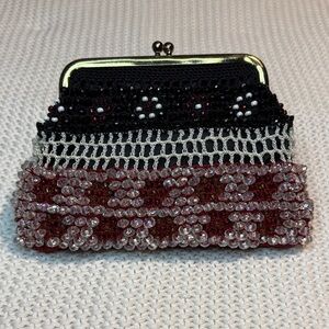 Elegant Beaded Evening Clutch in Black, Red and White